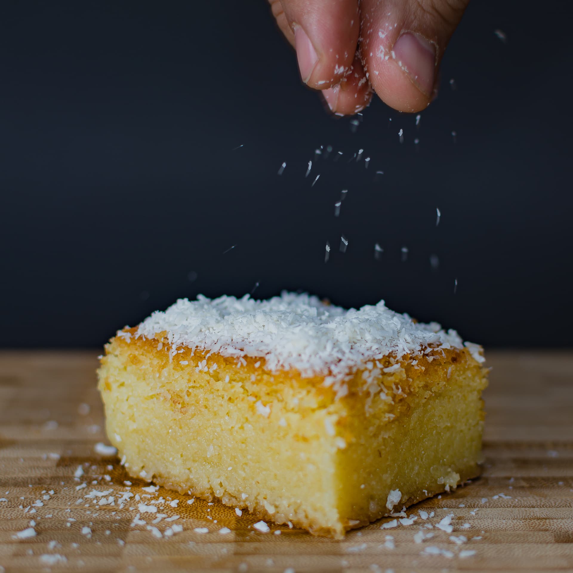 Basbousa semolina cake finished with coconut